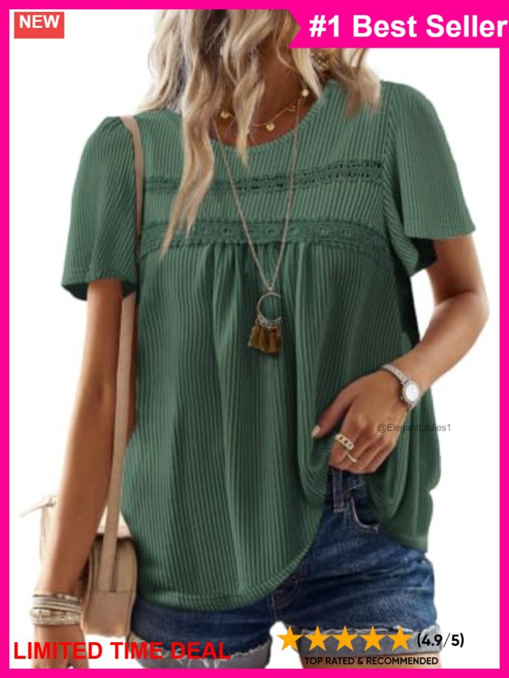 Womens Crochet Ribbed Flowy Short Sleeve Boho Tunic Top Loose Fit